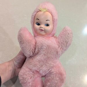 Vintage California Stuffed Toys Pink 1950s Plush Rubber Baby Doll Musical- SMALL